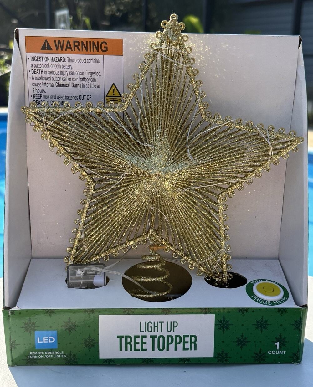 Festive Voice Light Up Gold Star Tree Topper LED Remote Christmas